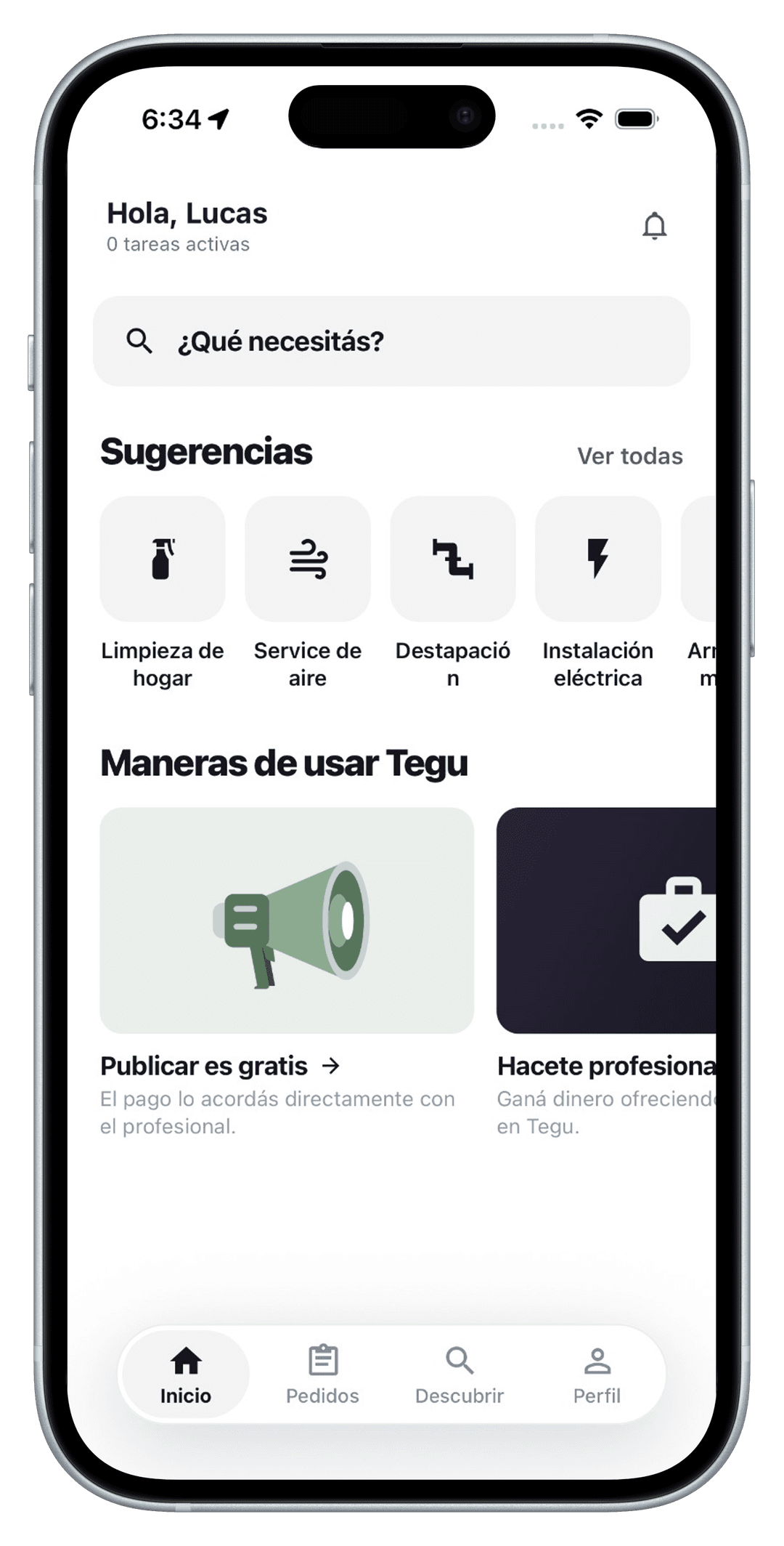 Vista de la app Tegu mostrando servicios disponibles