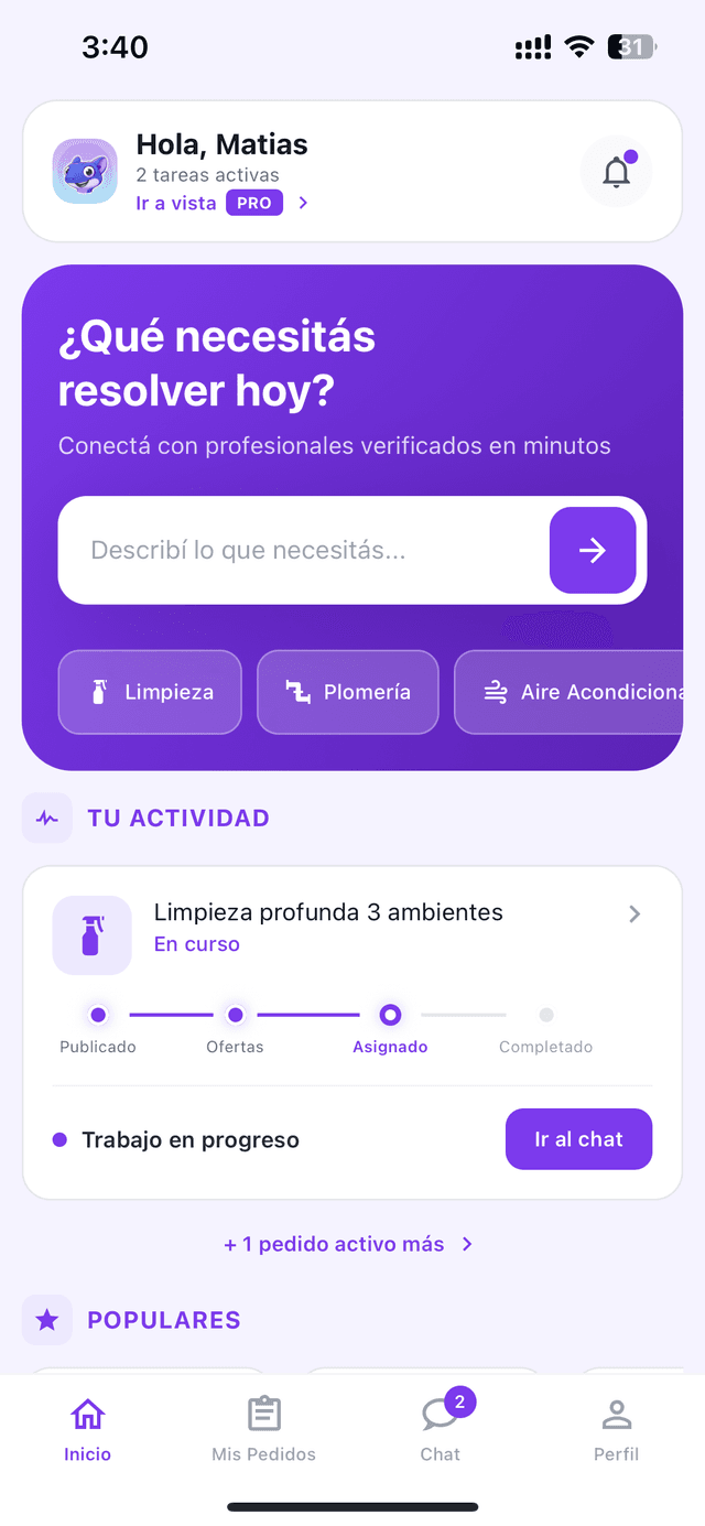 Vista previa de la app Tegu - pantalla principal con servicios del hogar