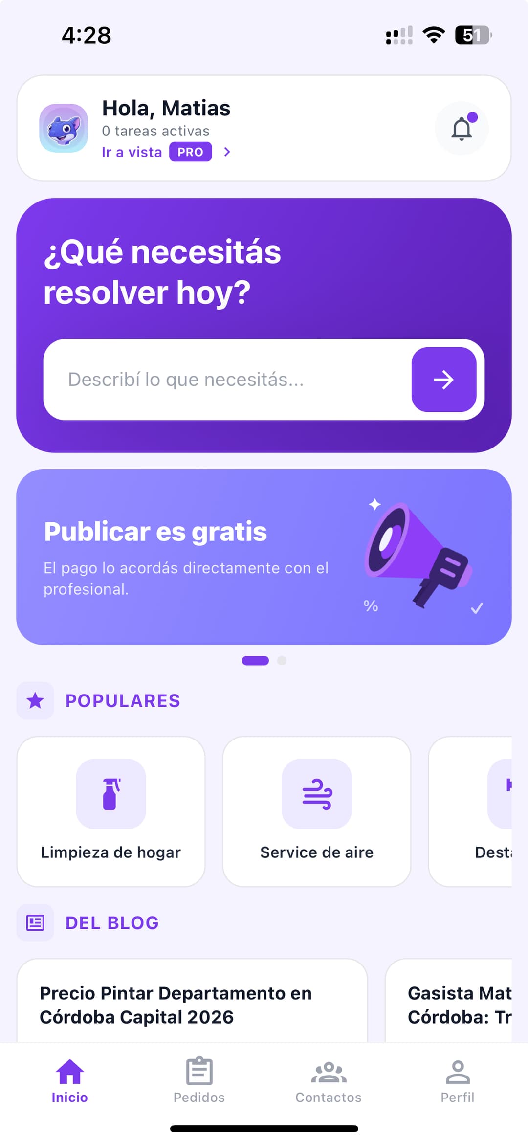Vista de la app Tegu mostrando servicios disponibles