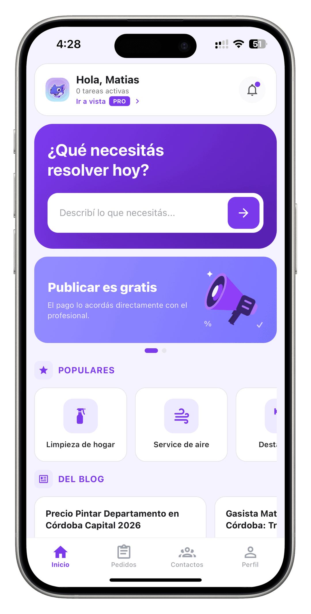 Vista de la app Tegu mostrando servicios disponibles