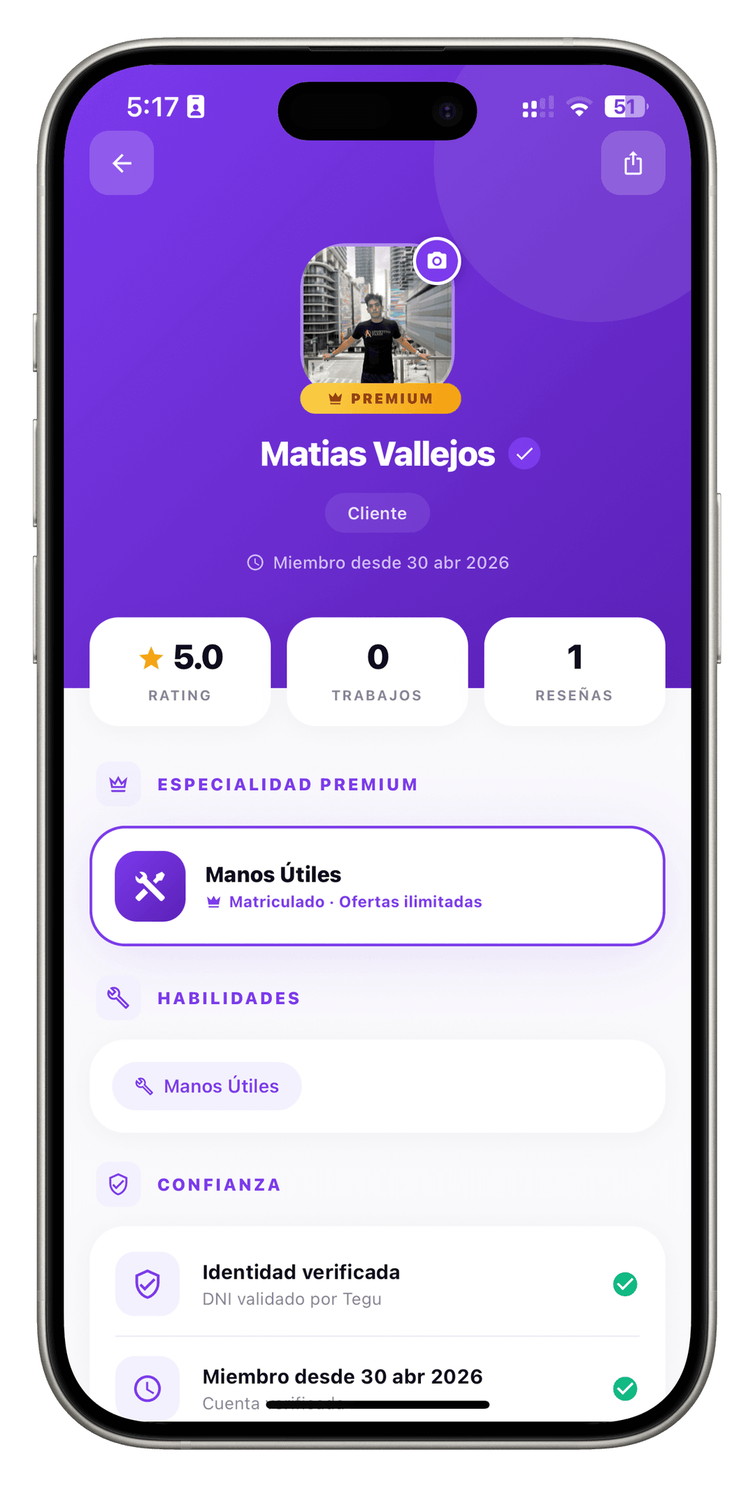 Perfil verificado de un profesional en la app Tegu
