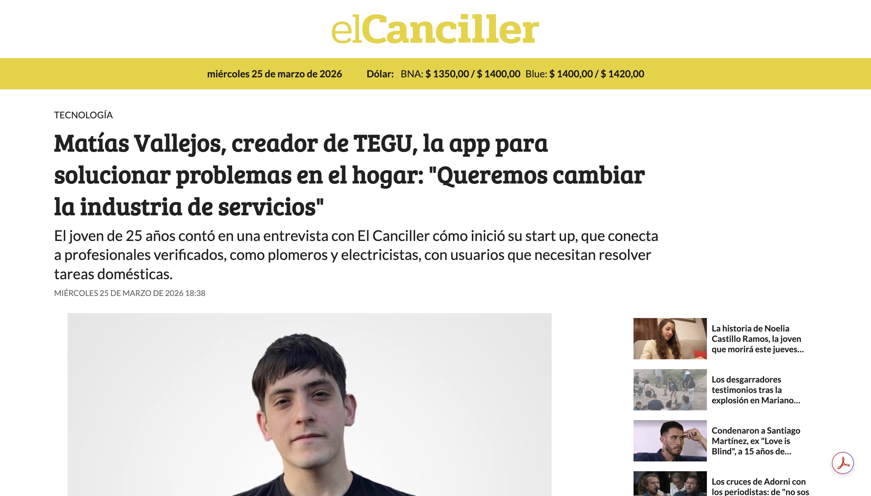 La nota en el diario El Canciller: «Matías Vallejos, creador de Tegu, la app para solucionar problemas en el hogar».
