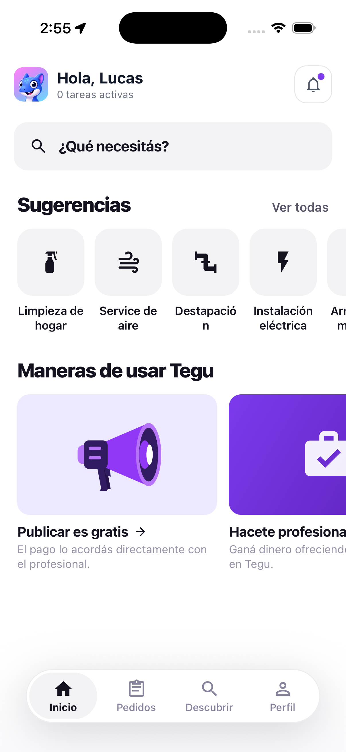 La home: lo primero es tu nombre y "¿Qué necesitás?". Nada compite con eso.